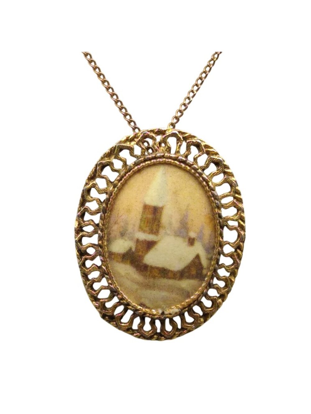 Western Germany Winter Sugar Pin Pendant, Vintage Brass and Porcelain